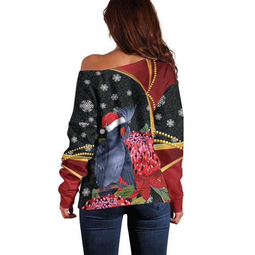 Australia Palm Cockatoo Christmas Off Shoulder Sweater Probosciger Aterrimus Waratah Merry Chrissie - Aussie Hoodie