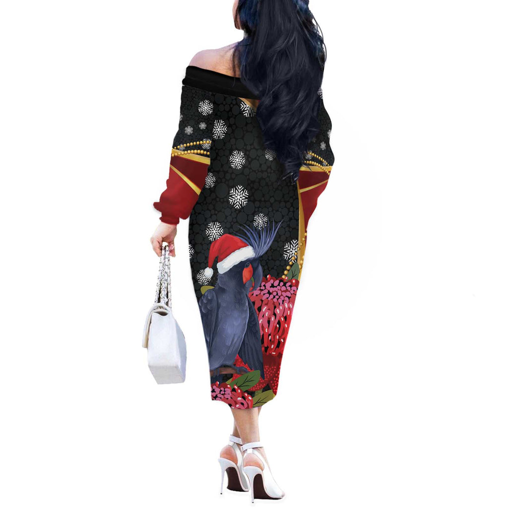 Australia Palm Cockatoo Christmas Off The Shoulder Long Sleeve Dress Probosciger Aterrimus Waratah Merry Chrissie - Aussie Hoodie