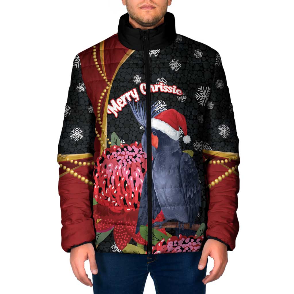 Australia Palm Cockatoo Christmas Padded Jacket Probosciger Aterrimus Waratah Merry Chrissie - Aussie Hoodie