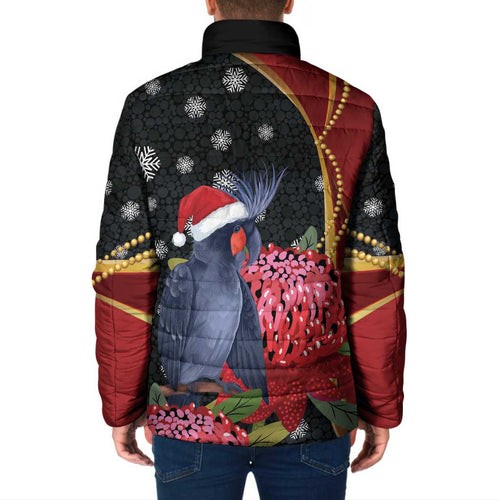 Australia Palm Cockatoo Christmas Padded Jacket Probosciger Aterrimus Waratah Merry Chrissie - Aussie Hoodie