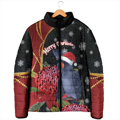 Australia Palm Cockatoo Christmas Padded Jacket Probosciger Aterrimus Waratah Merry Chrissie - Aussie Hoodie