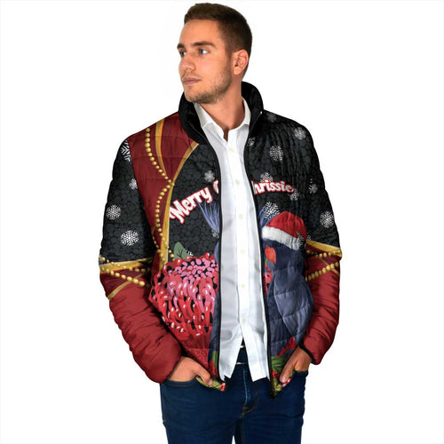 Australia Palm Cockatoo Christmas Padded Jacket Probosciger Aterrimus Waratah Merry Chrissie - Aussie Hoodie