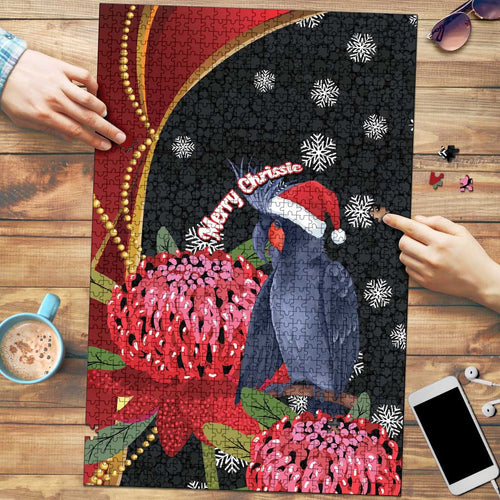 Australia Palm Cockatoo Christmas Puzzle Probosciger Aterrimus Waratah Merry Chrissie - Aussie Hoodie