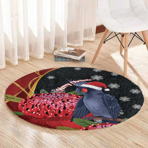 Australia Palm Cockatoo Christmas Round Carpet Probosciger Aterrimus Waratah Merry Chrissie - Aussie Hoodie