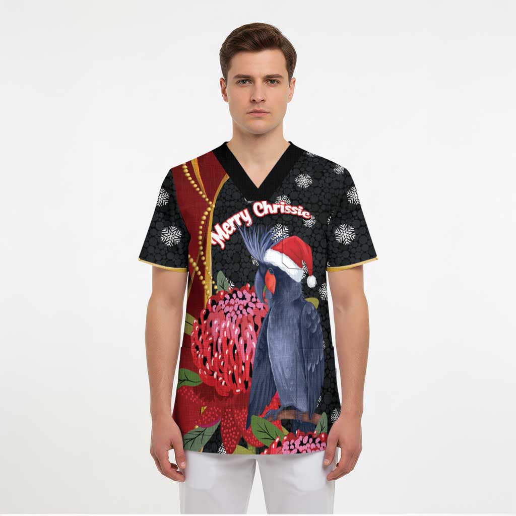 Australia Palm Cockatoo Christmas Scrub Top Probosciger Aterrimus Waratah Merry Chrissie - Aussie Hoodie