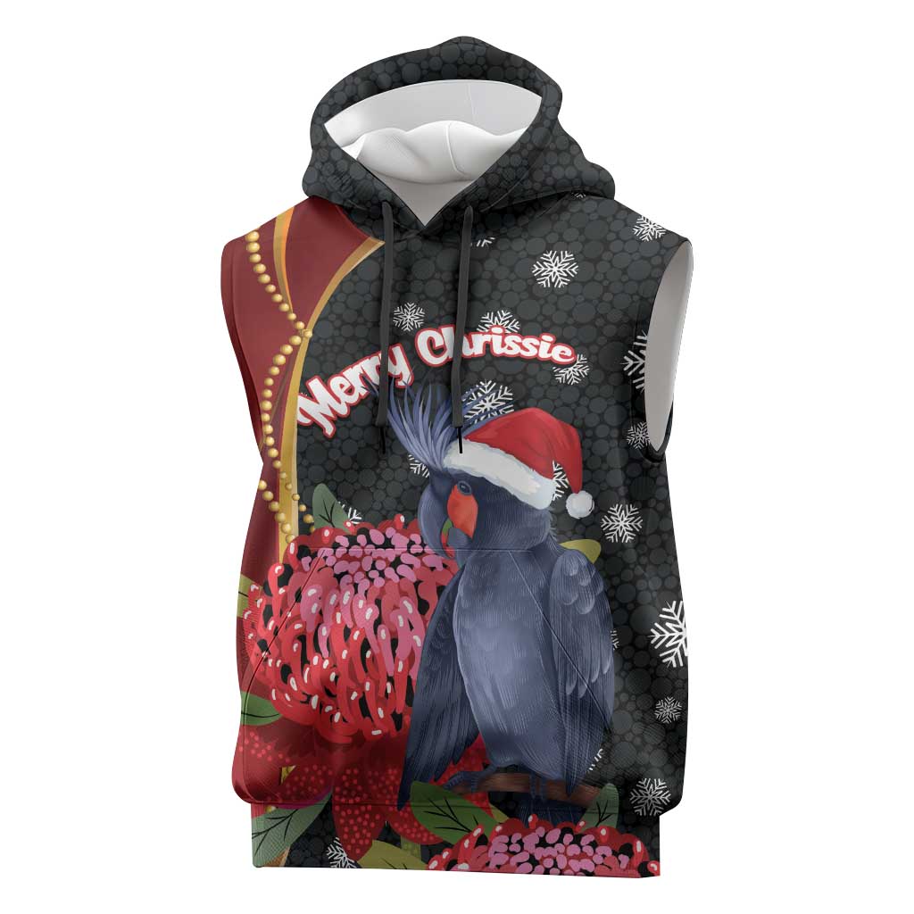 Australia Palm Cockatoo Christmas Sleeveless Hoodie Probosciger Aterrimus Waratah Merry Chrissie - Aussie Hoodie