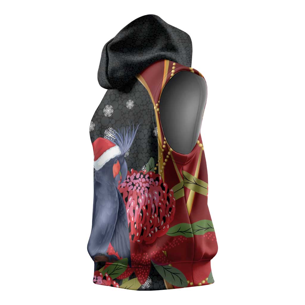 Australia Palm Cockatoo Christmas Sleeveless Hoodie Probosciger Aterrimus Waratah Merry Chrissie - Aussie Hoodie