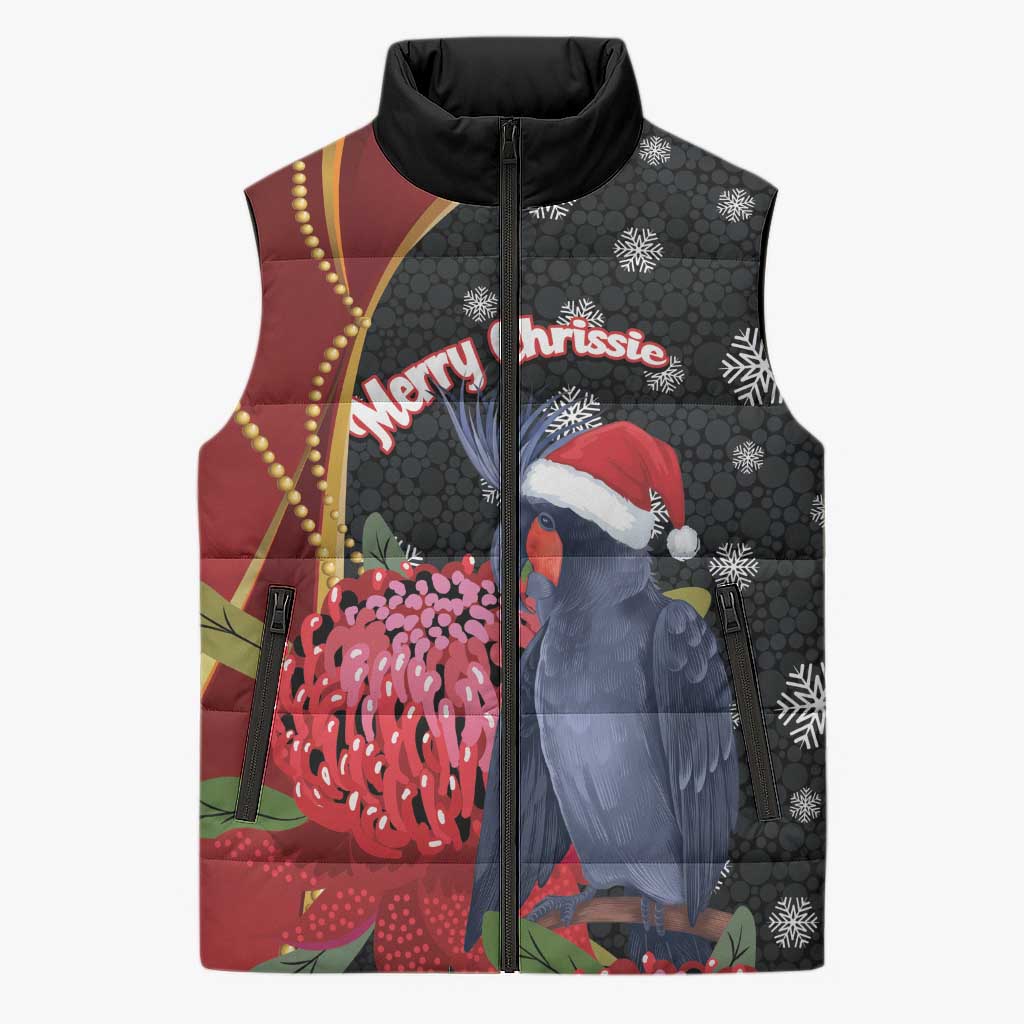 Australia Palm Cockatoo Christmas Sleeveless Puffer Jacket Probosciger Aterrimus Waratah Merry Chrissie - Aussie Hoodie