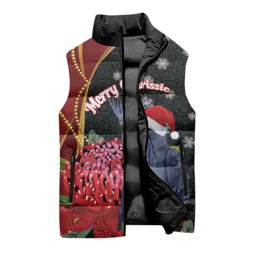 Australia Palm Cockatoo Christmas Sleeveless Puffer Jacket Probosciger Aterrimus Waratah Merry Chrissie - Aussie Hoodie