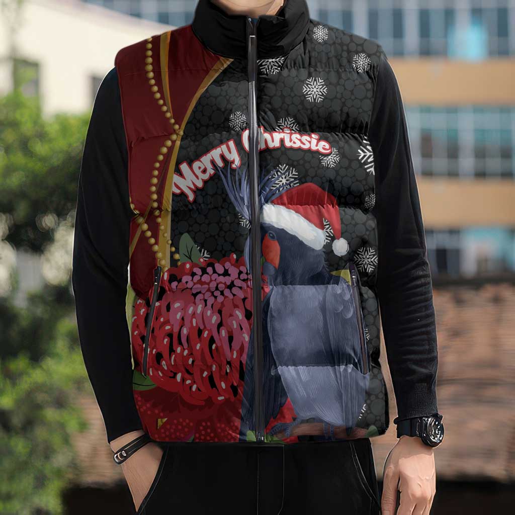 Australia Palm Cockatoo Christmas Sleeveless Puffer Jacket Probosciger Aterrimus Waratah Merry Chrissie - Aussie Hoodie