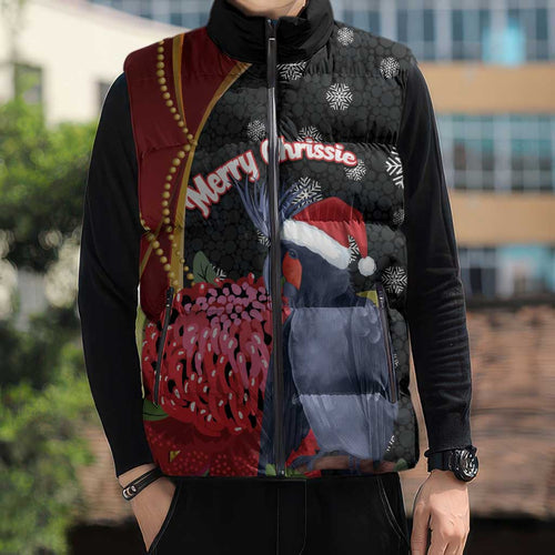 Australia Palm Cockatoo Christmas Sleeveless Puffer Jacket Probosciger Aterrimus Waratah Merry Chrissie - Aussie Hoodie