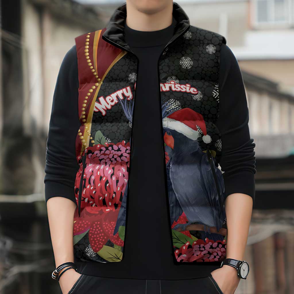 Australia Palm Cockatoo Christmas Sleeveless Puffer Jacket Probosciger Aterrimus Waratah Merry Chrissie - Aussie Hoodie
