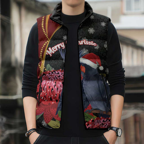 Australia Palm Cockatoo Christmas Sleeveless Puffer Jacket Probosciger Aterrimus Waratah Merry Chrissie - Aussie Hoodie