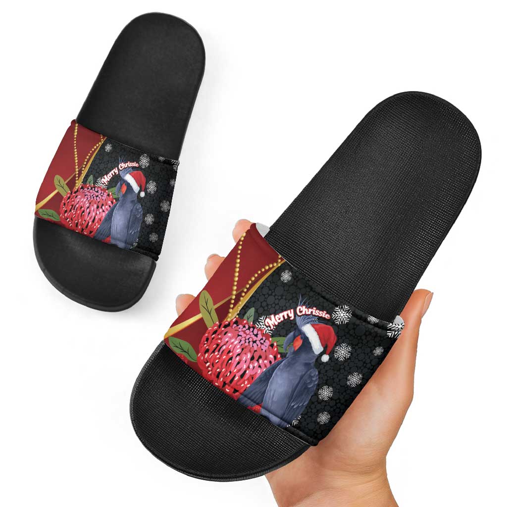 Australia Palm Cockatoo Christmas Slide Sandals Probosciger Aterrimus Waratah Merry Chrissie - Aussie Hoodie
