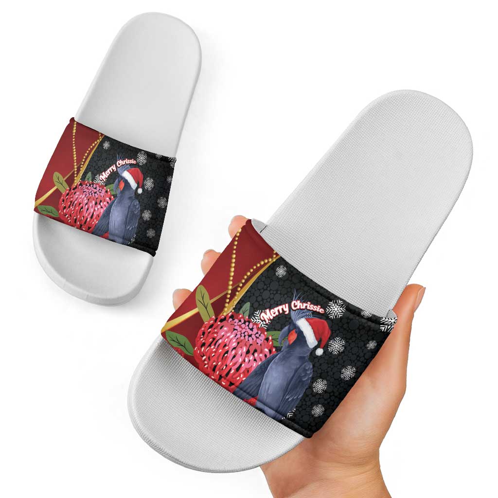 Australia Palm Cockatoo Christmas Slide Sandals Probosciger Aterrimus Waratah Merry Chrissie - Aussie Hoodie