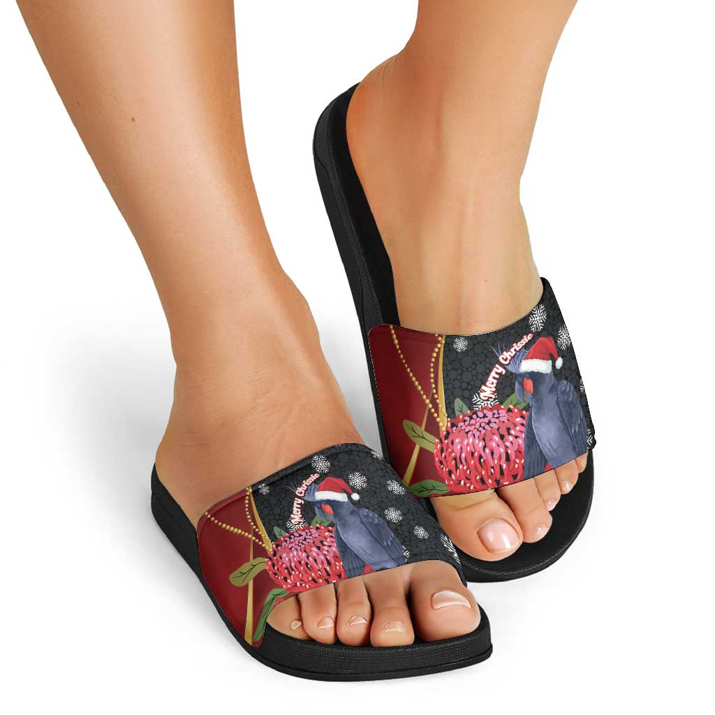 Australia Palm Cockatoo Christmas Slide Sandals Probosciger Aterrimus Waratah Merry Chrissie - Aussie Hoodie