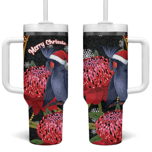 Australia Palm Cockatoo Christmas Tumbler With Handle Probosciger Aterrimus Waratah Merry Chrissie - Aussie Hoodie