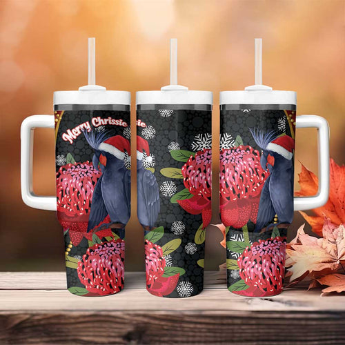Australia Palm Cockatoo Christmas Tumbler With Handle Probosciger Aterrimus Waratah Merry Chrissie - Aussie Hoodie
