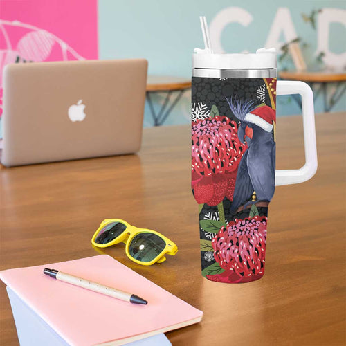 Australia Palm Cockatoo Christmas Tumbler With Handle Probosciger Aterrimus Waratah Merry Chrissie - Aussie Hoodie