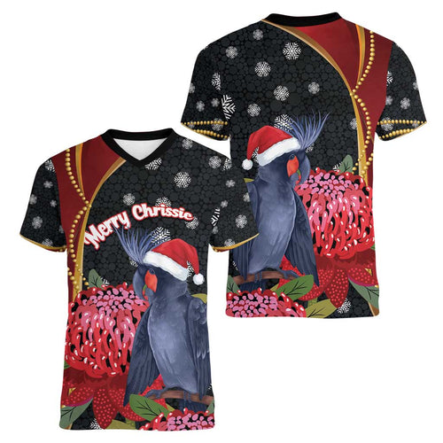 Australia Palm Cockatoo Christmas Women V-Neck T-Shirt Probosciger Aterrimus Waratah Merry Chrissie - Aussie Hoodie