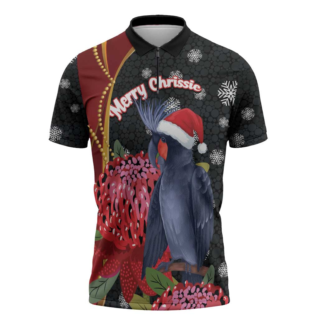 Australia Palm Cockatoo Christmas Zipper Polo Shirt Probosciger Aterrimus Waratah Merry Chrissie - Aussie Hoodie