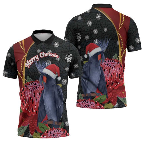 Australia Palm Cockatoo Christmas Zipper Polo Shirt Probosciger Aterrimus Waratah Merry Chrissie - Aussie Hoodie