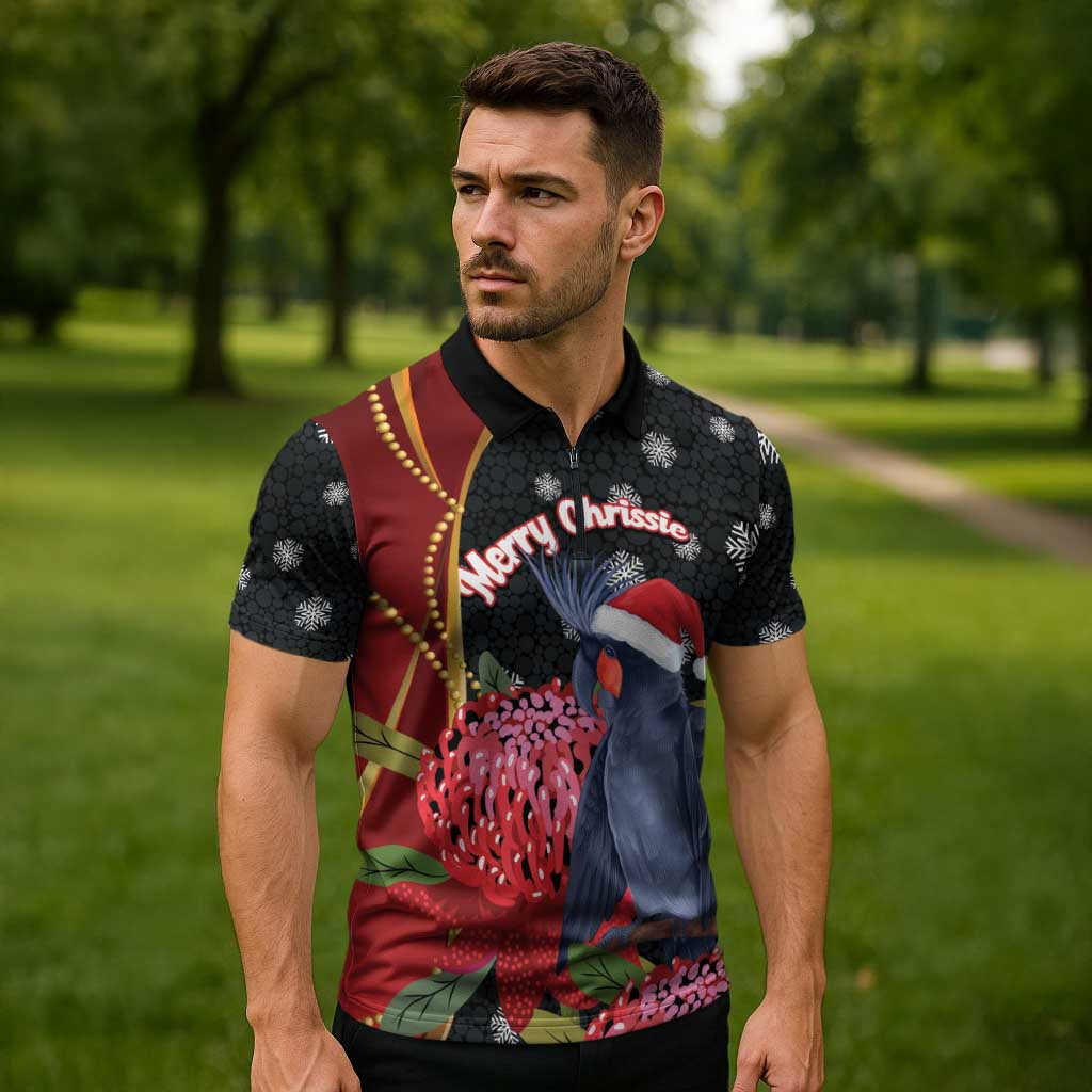 Australia Palm Cockatoo Christmas Zipper Polo Shirt Probosciger Aterrimus Waratah Merry Chrissie - Aussie Hoodie