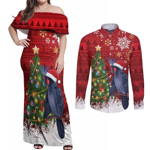 Australia Palm Cockatoo Christmas Couples Matching Off Shoulder Maxi Dress and Long Sleeve Button Shirt Goliath Cockatoo Santa Merry Chrissie - Aussie Hoodie