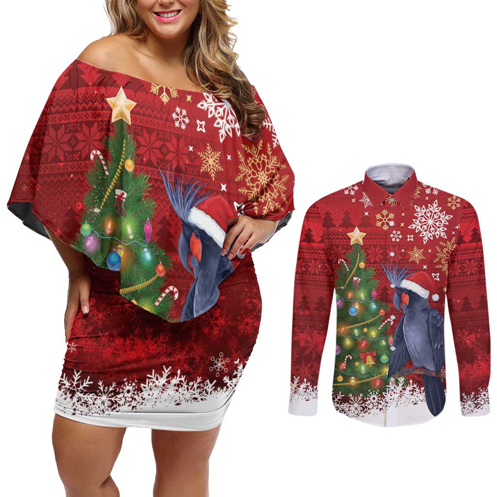 Australia Palm Cockatoo Christmas Couples Matching Off Shoulder Short Dress and Long Sleeve Button Shirt Goliath Cockatoo Santa Merry Chrissie - Aussie Hoodie
