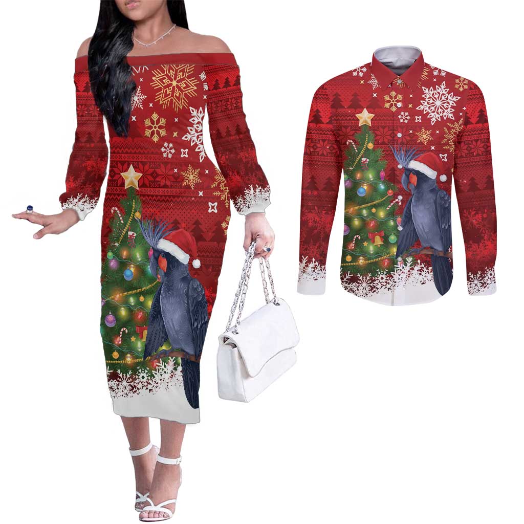 Australia Palm Cockatoo Christmas Couples Matching Off The Shoulder Long Sleeve Dress and Long Sleeve Button Shirt Goliath Cockatoo Santa Merry Chrissie - Aussie Hoodie