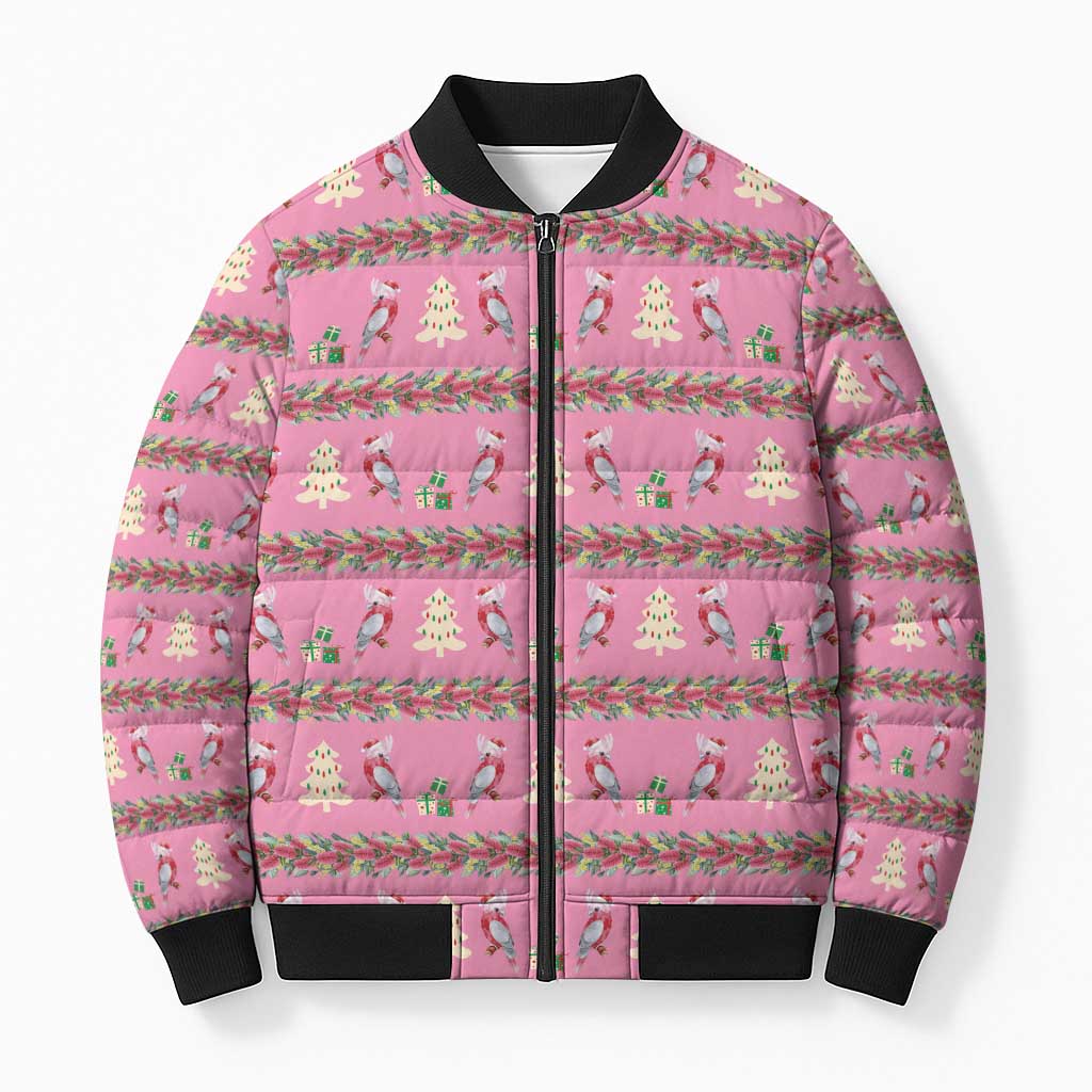 Australia Pink Galah Christmas Bomber Puffer Jacket Eolophus Roseicapilla Bottlebrush Seamless - Aussie Hoodie
