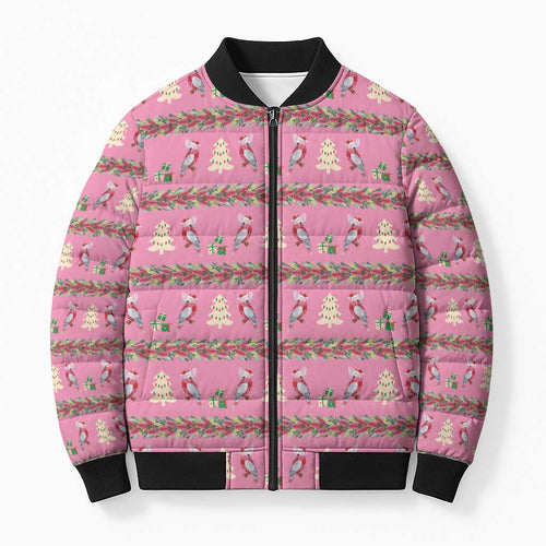 Australia Pink Galah Christmas Bomber Puffer Jacket Eolophus Roseicapilla Bottlebrush Seamless - Aussie Hoodie