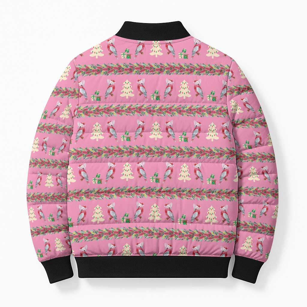 Australia Pink Galah Christmas Bomber Puffer Jacket Eolophus Roseicapilla Bottlebrush Seamless - Aussie Hoodie
