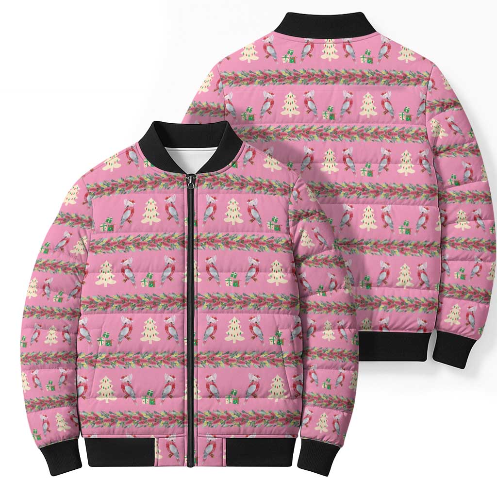 Australia Pink Galah Christmas Bomber Puffer Jacket Eolophus Roseicapilla Bottlebrush Seamless - Aussie Hoodie