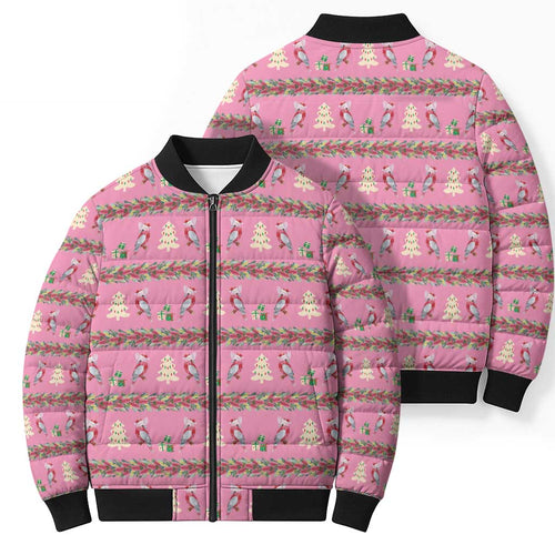 Australia Pink Galah Christmas Bomber Puffer Jacket Eolophus Roseicapilla Bottlebrush Seamless - Aussie Hoodie