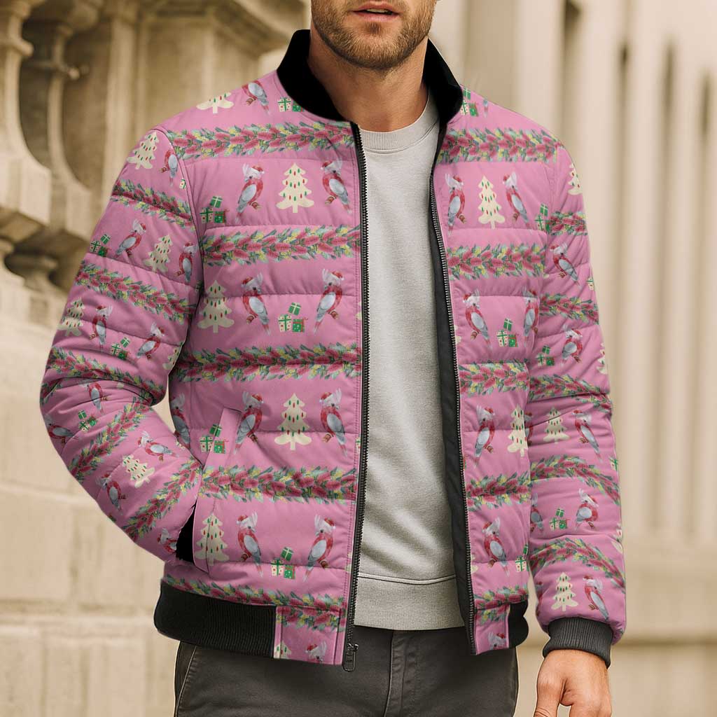 Australia Pink Galah Christmas Bomber Puffer Jacket Eolophus Roseicapilla Bottlebrush Seamless - Aussie Hoodie