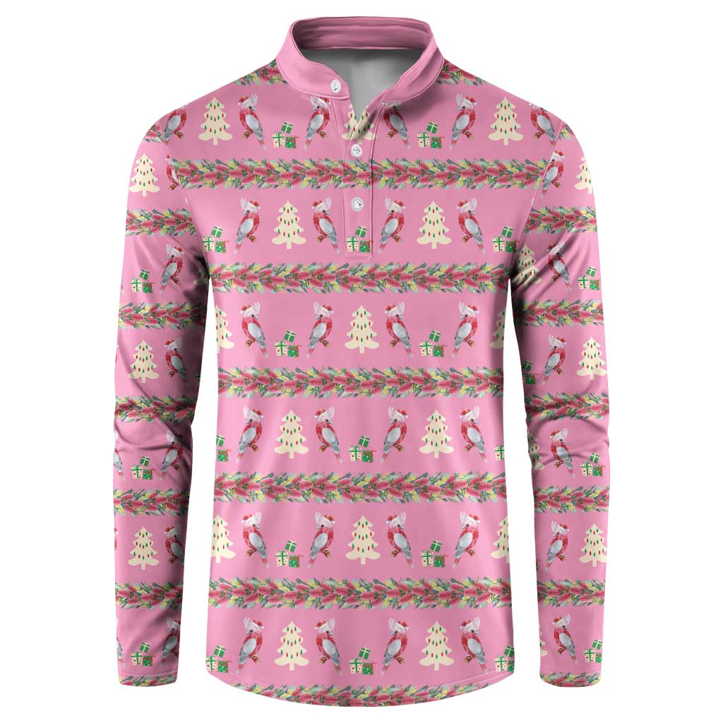 Australia Pink Galah Christmas Button Sweatshirt Eolophus Roseicapilla Bottlebrush Seamless - Aussie Hoodie