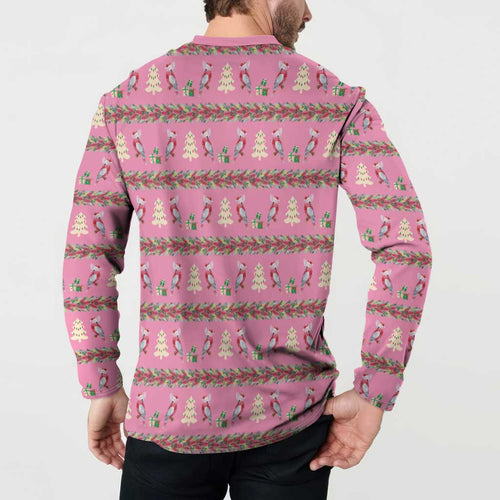 Australia Pink Galah Christmas Button Sweatshirt Eolophus Roseicapilla Bottlebrush Seamless - Aussie Hoodie