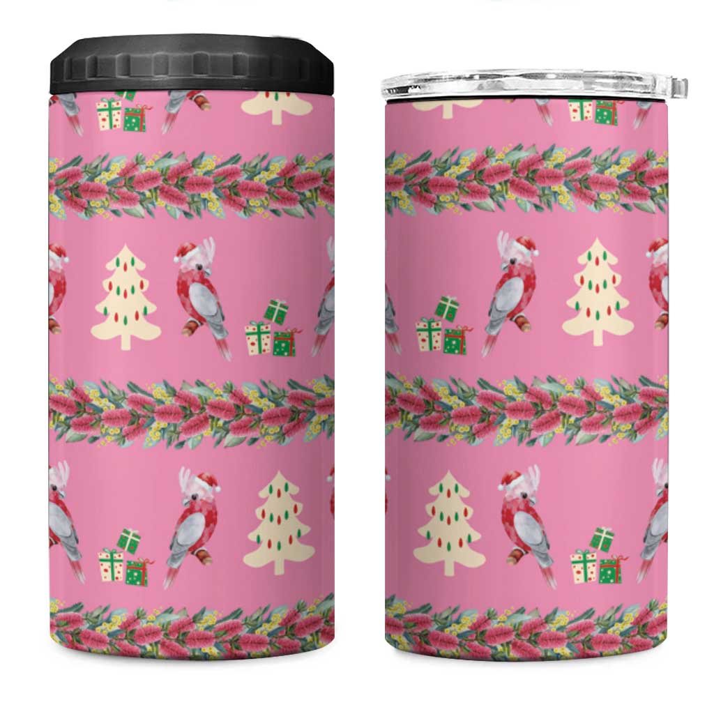 Australia Pink Galah Christmas 4 in 1 Can Cooler Tumbler Eolophus Roseicapilla Bottlebrush Seamless - Aussie Hoodie