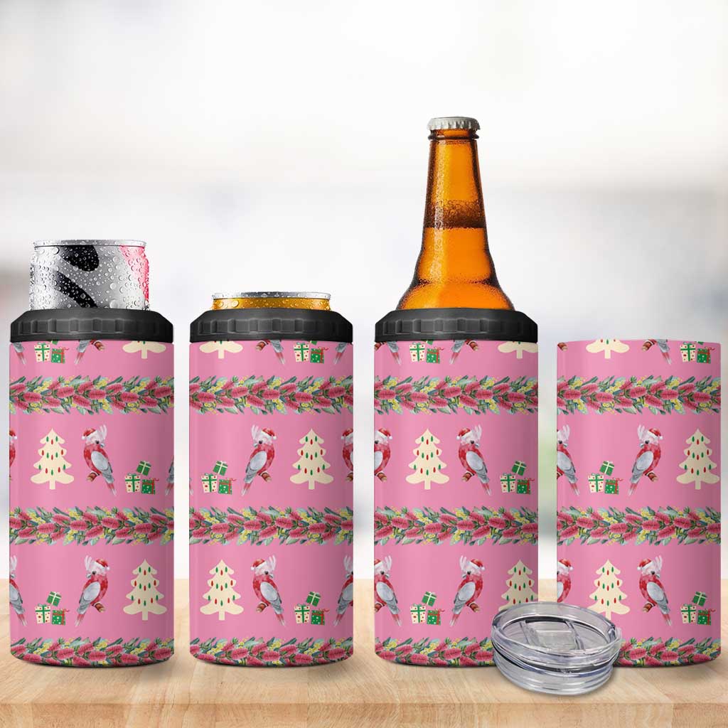 Australia Pink Galah Christmas 4 in 1 Can Cooler Tumbler Eolophus Roseicapilla Bottlebrush Seamless - Aussie Hoodie