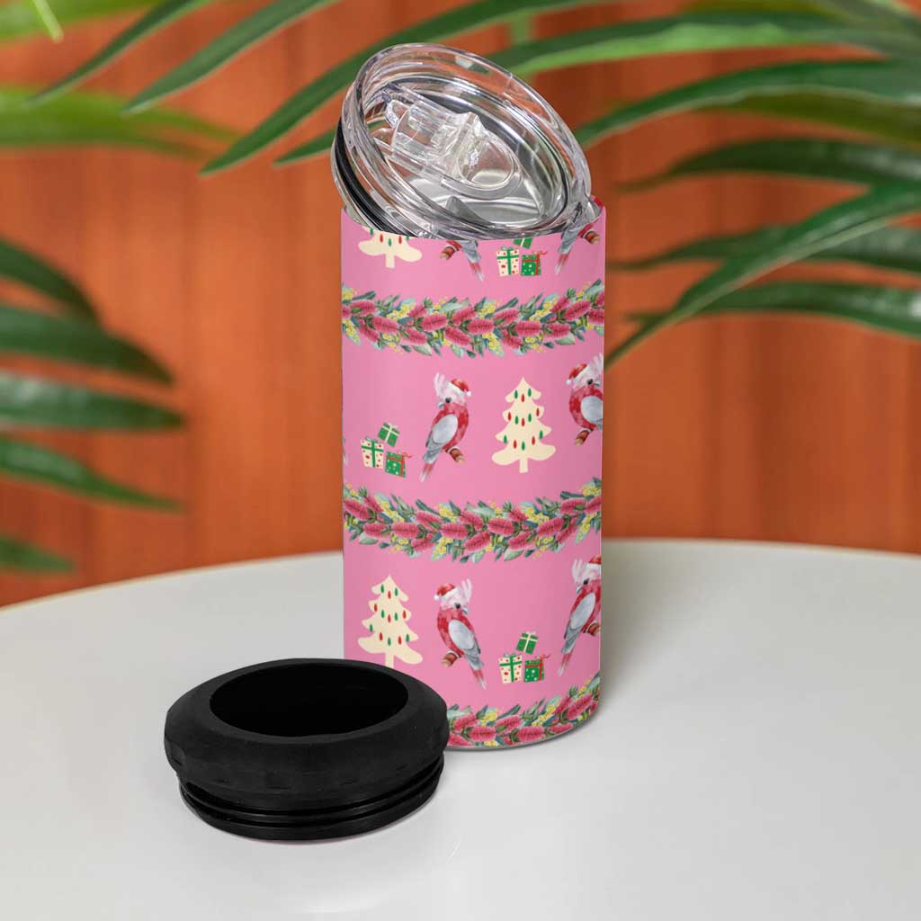 Australia Pink Galah Christmas 4 in 1 Can Cooler Tumbler Eolophus Roseicapilla Bottlebrush Seamless - Aussie Hoodie