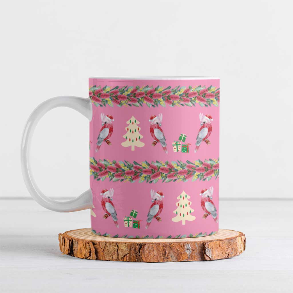 Australia Pink Galah Christmas Ceramic Mug Eolophus Roseicapilla Bottlebrush Seamless - Aussie Hoodie