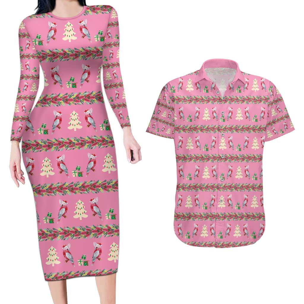 Australia Pink Galah Christmas Couples Matching Long Sleeve Bodycon Dress and Hawaiian Shirt Eolophus Roseicapilla Bottlebrush Seamless - Aussie Hoodie