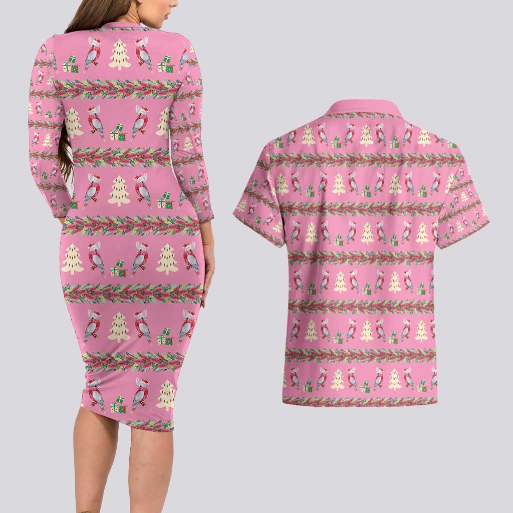 Australia Pink Galah Christmas Couples Matching Long Sleeve Bodycon Dress and Hawaiian Shirt Eolophus Roseicapilla Bottlebrush Seamless - Aussie Hoodie
