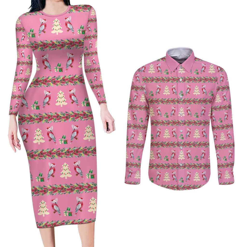 Australia Pink Galah Christmas Couples Matching Long Sleeve Bodycon Dress and Long Sleeve Button Shirt Eolophus Roseicapilla Bottlebrush Seamless - Aussie Hoodie