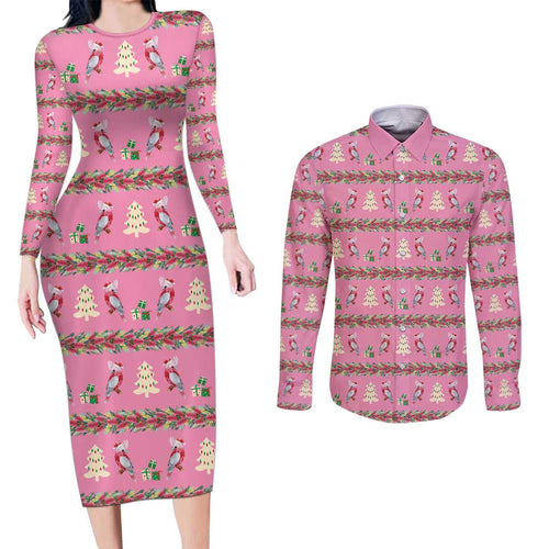 Australia Pink Galah Christmas Couples Matching Long Sleeve Bodycon Dress and Long Sleeve Button Shirt Eolophus Roseicapilla Bottlebrush Seamless - Aussie Hoodie
