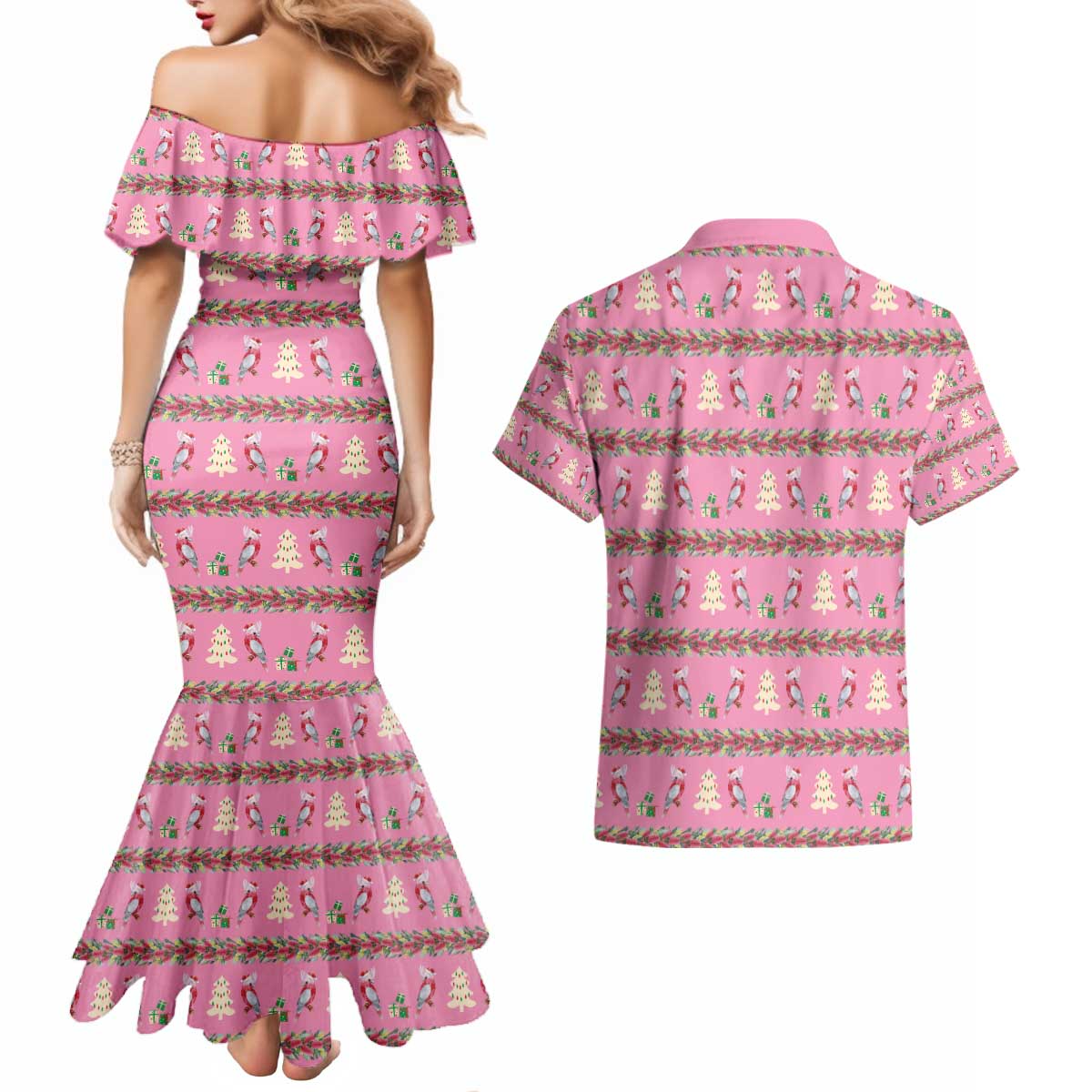 Australia Pink Galah Christmas Couples Matching Mermaid Dress and Hawaiian Shirt Eolophus Roseicapilla Bottlebrush Seamless - Aussie Hoodie