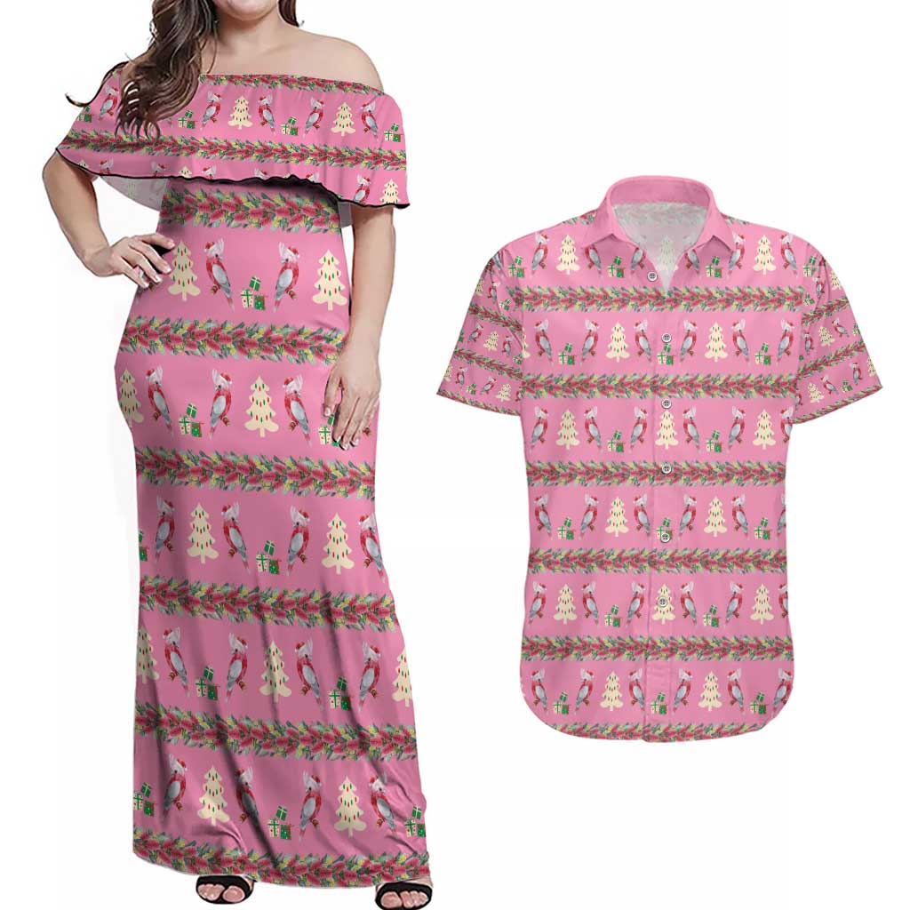 Australia Pink Galah Christmas Couples Matching Off Shoulder Maxi Dress and Hawaiian Shirt Eolophus Roseicapilla Bottlebrush Seamless - Aussie Hoodie