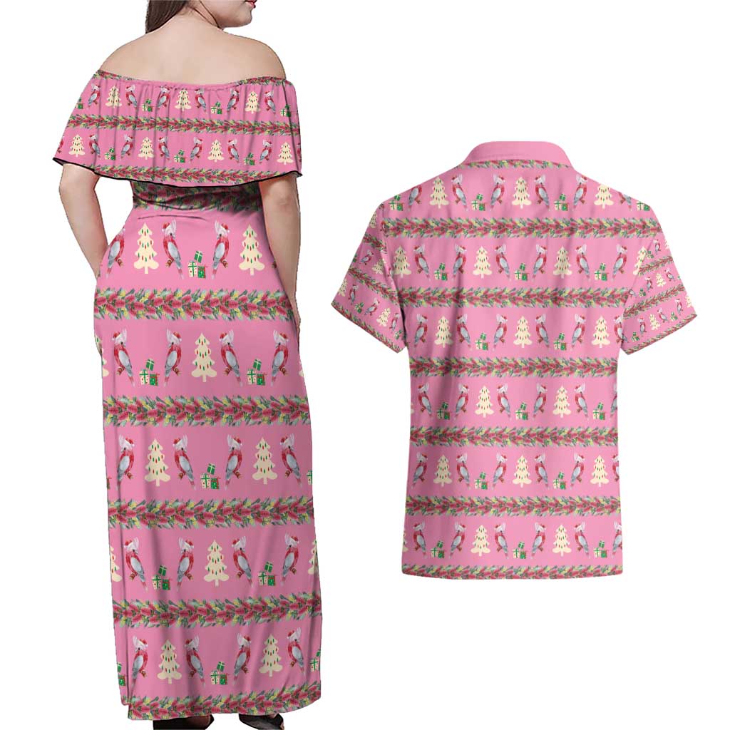 Australia Pink Galah Christmas Couples Matching Off Shoulder Maxi Dress and Hawaiian Shirt Eolophus Roseicapilla Bottlebrush Seamless - Aussie Hoodie