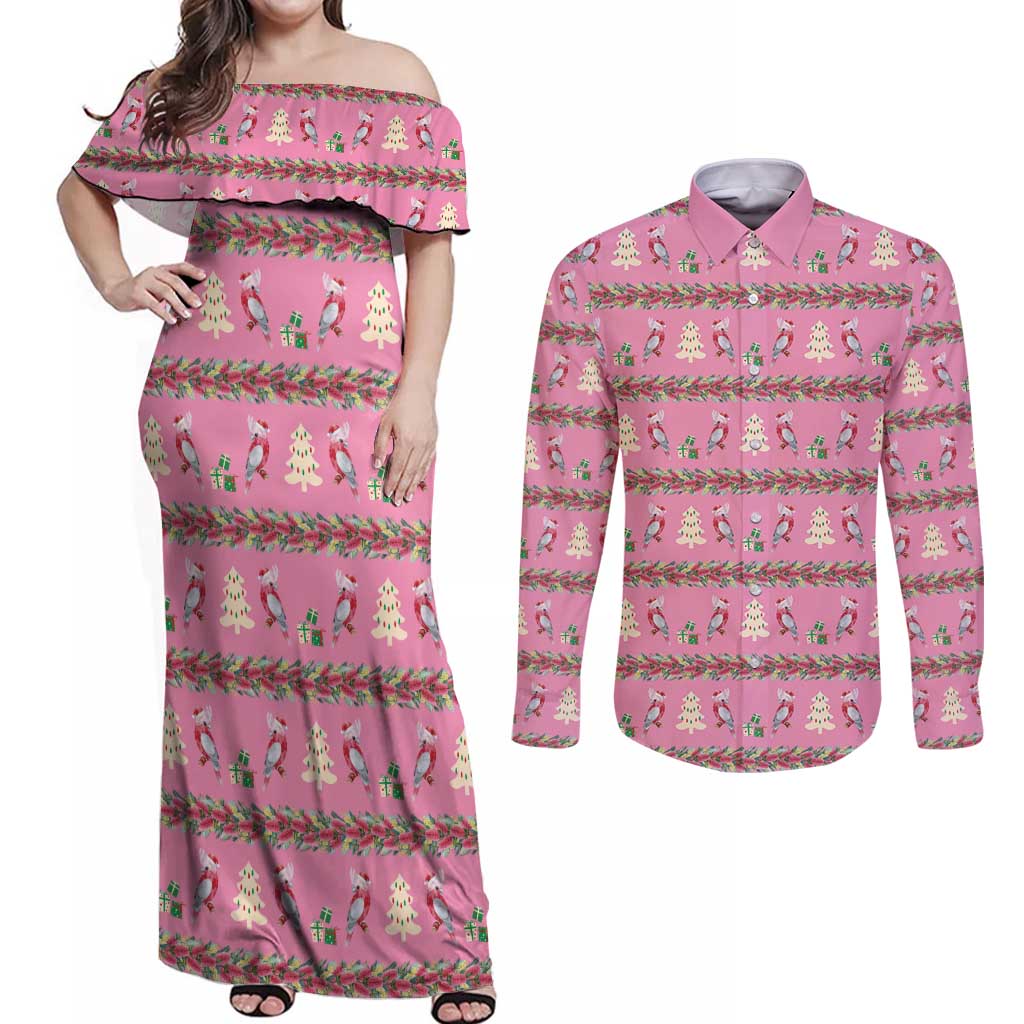 Australia Pink Galah Christmas Couples Matching Off Shoulder Maxi Dress and Long Sleeve Button Shirt Eolophus Roseicapilla Bottlebrush Seamless - Aussie Hoodie